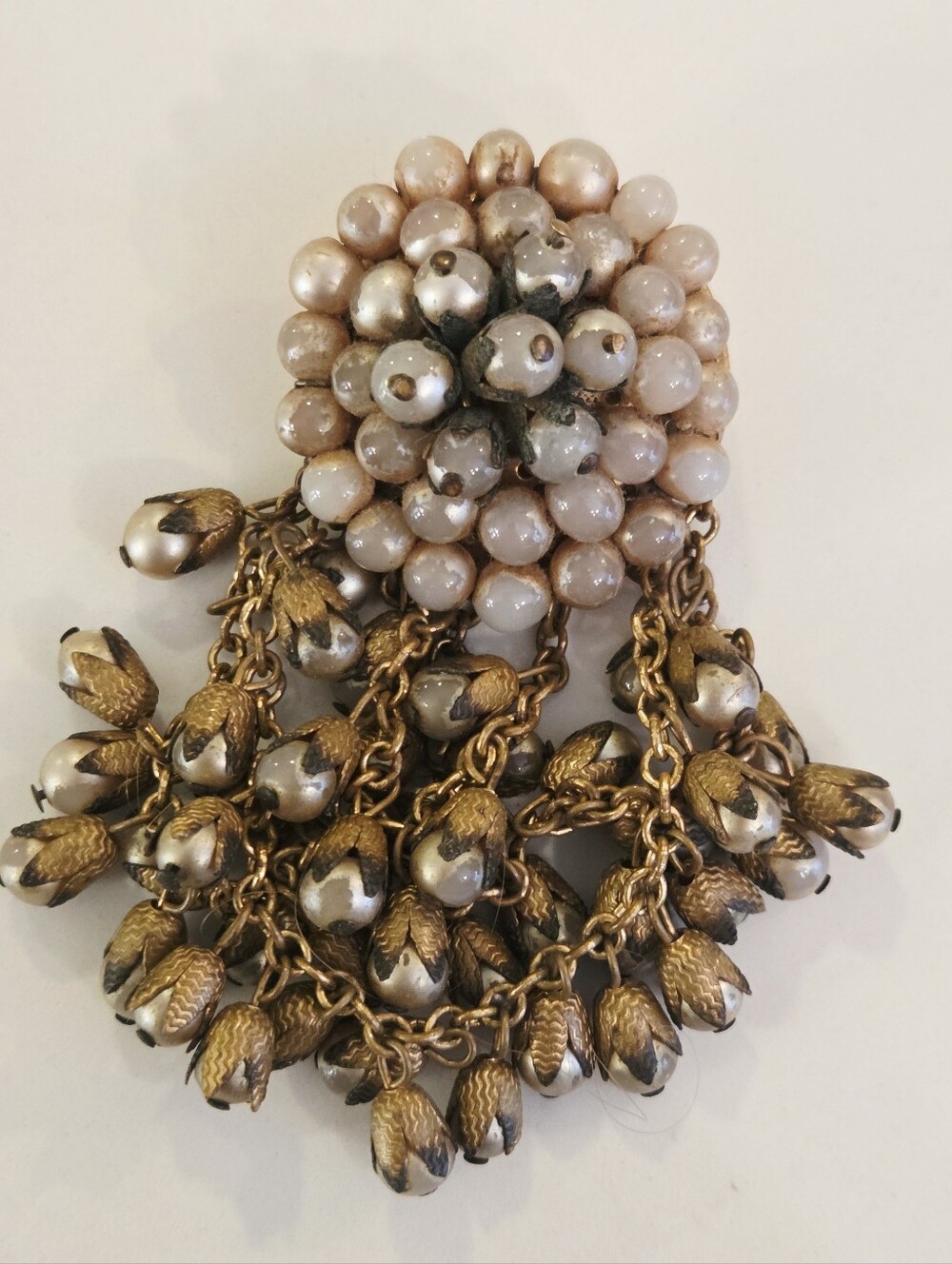 Vintage Faux Pearl Tassel Grape Cluster Waterfall Gripiox Dangle Drop Brooch